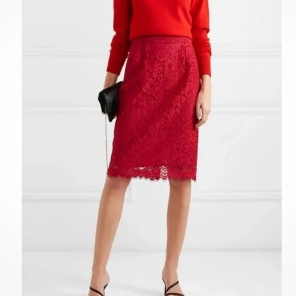 J. Crew Red Lace Pintuck Below Knee Pencil Skirt size 14